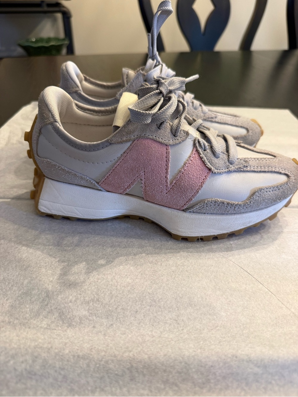 New Balance Women's Light Gray and Pink Suede Runner Sneakers